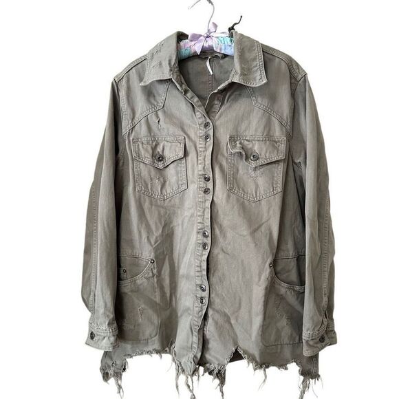 Free People Moonchild Distressed Denim Olive Green Raw Hem Jacket | Size Large - Picture 2 of 8